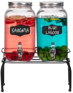 Basicwise Glass Drink Dispenser Set with Metal Stand, Stainless Steel Spigots and Chalkboard Signs