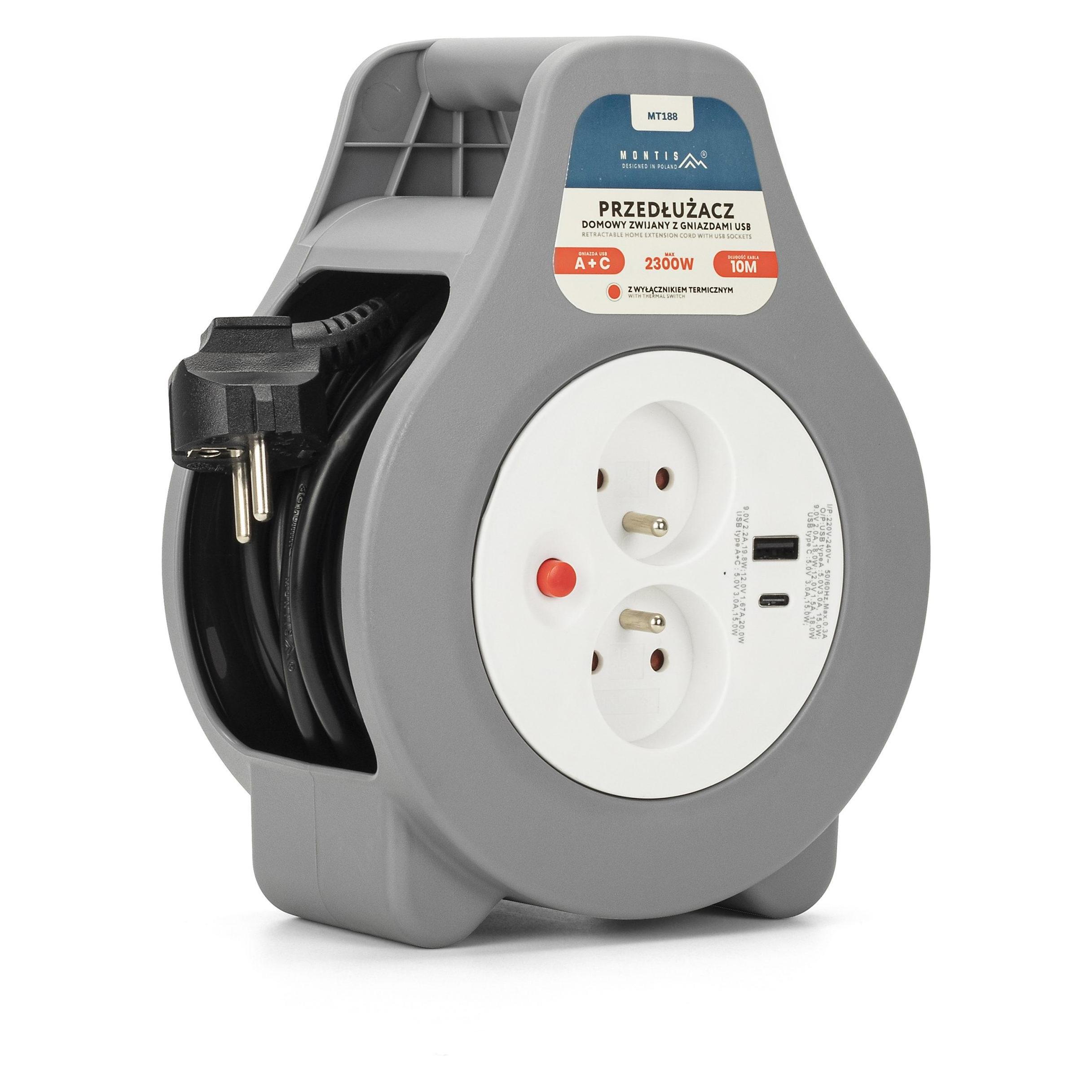 Montiss Montis Przedłużacz bębnowy z bezpiecznikiem termicznym 2-gniazdowy z USB-A + USB-C 10m MT188-10 (2x, USB-A, USB-C, 10 m) (PRZEDlUzACZ DOMOWY ZWIJANY Z USB 10M MT188)