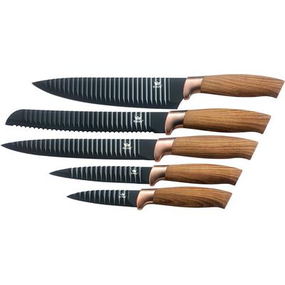 Messer-Set KING "Essential", braun (holzfarben, schwarz), Spezialklingenstahl, Kochmesser-Sets, Wellenschliff, Griffe in Holzoptik, im Geschenk-Etui