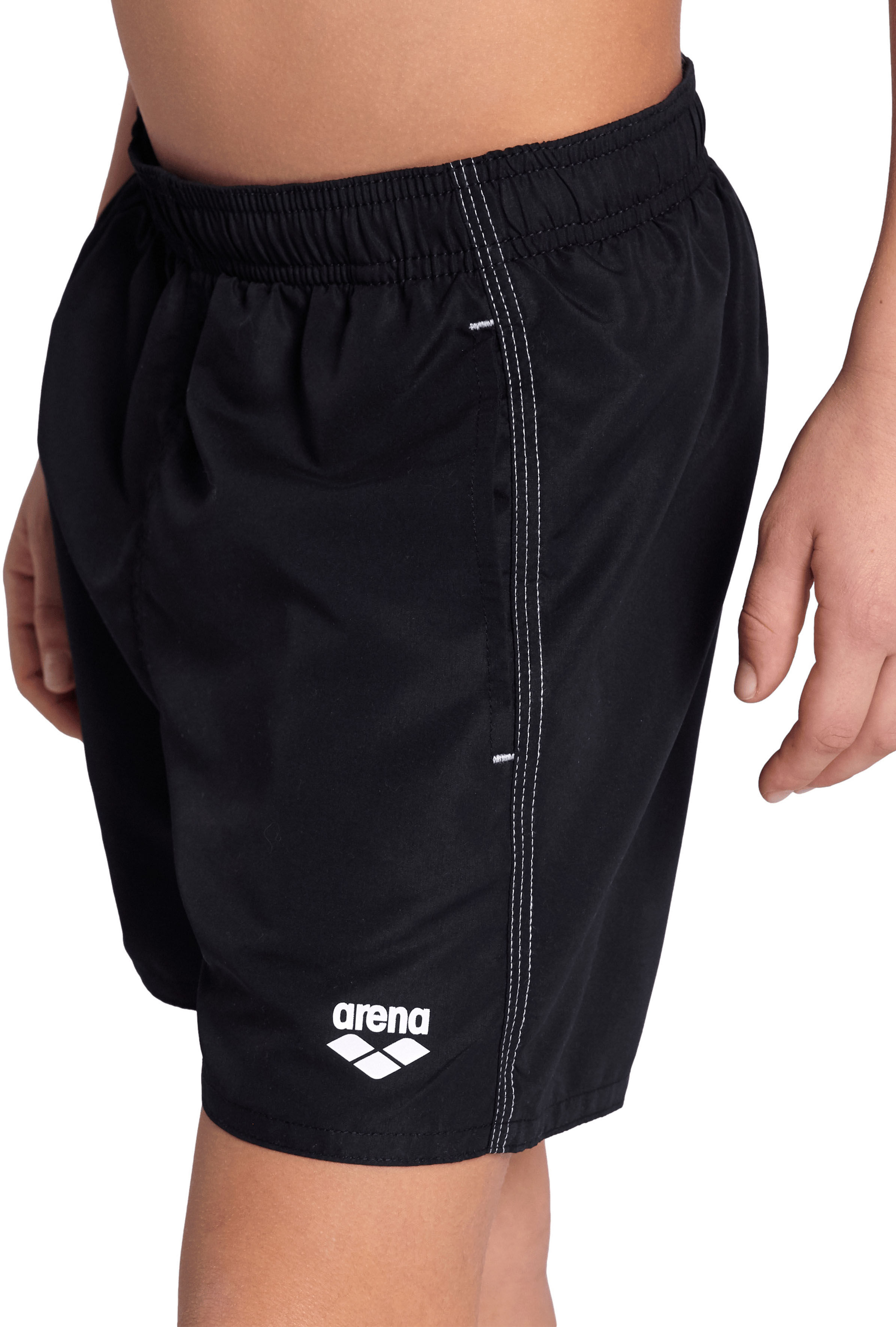 Badeshorts ARENA "BOYS' BEACH BOXER SOLID R", Jungen, Gr. 116, N-Gr, schwarz-weiss (schwarz, weiß), Obermaterial: 100% Polyester, Badehosen Badeshorts schwarz, weiß 116, N-Gr
