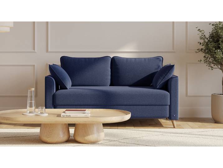 BRUNO Schlafsofa 140cm in Blau Flow stabiles Massivholz & Boxspringkomfort