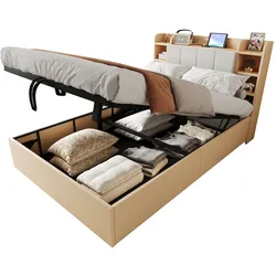 Polsterbett 140x200 cm mit hydraulischem Bettkasten und USB-Anschlüssen – praktisches Design in natürlicher Holzfarbe