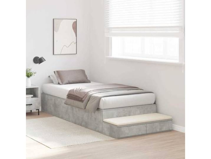 KTHLBRH Einzelbett 90 cm grau Beton Mehrschichtiges Holz, 2 Schubladen, Ledergriffe, 236,5 x 90 x 31,5 cm, max. 100 kg