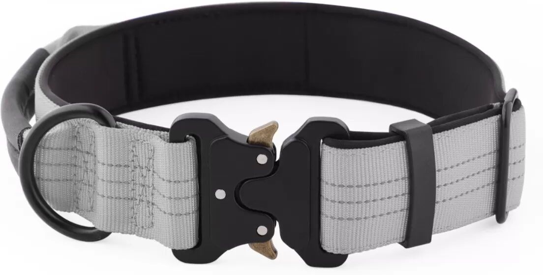 INF Triple-reflektierendes taktisches Hundehalsband M — Nylon-Leder, Edelstahlschnalle, Kontrollgriff, Anti-Zug Anti-Flucht Grau