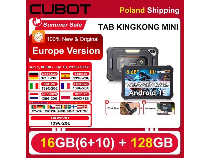 [Expédition depuis la Pologne] Tablette robuste Cubot Tab KingKong Mini 16 Go (6+10) 128 Go 10200 mAh Android 15 8,68'' 90 Hz avec lampe de camping 48 MP