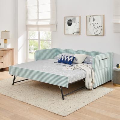 Twin‑Size Daybed, Gingham Upholstered 3‑In‑1 Versatile Convertible Sofa Bed With Pull‑Out Trundle & Side Storage Pockets