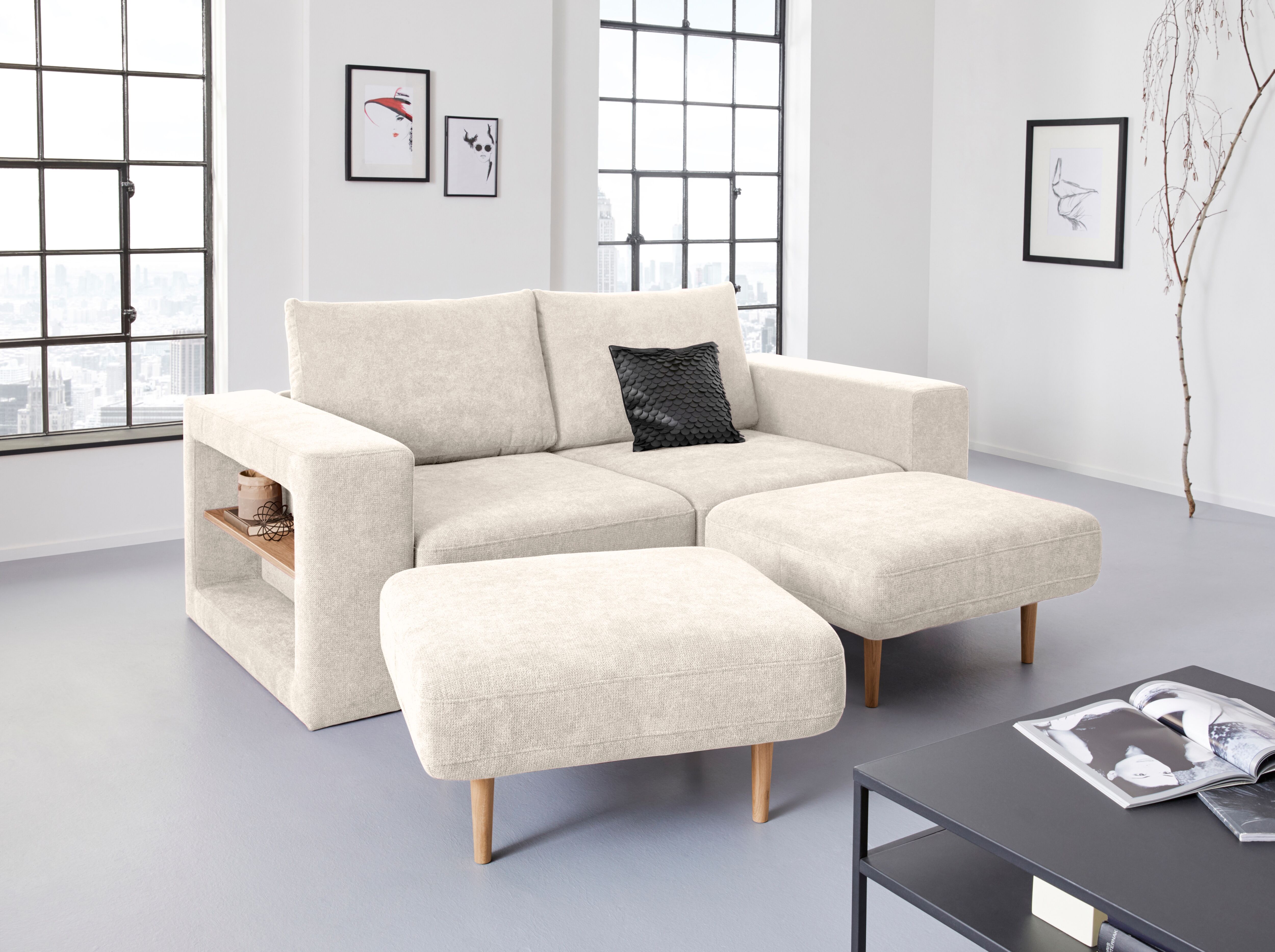 3-Sitzer "Looksvb", beige, B:212cm H:96cm T:107cm, LOOKS BY WOLFGANG JOOP, Sofas, 3-Sitzer, Verwandlungssofa: aus Sofa wird Sofa mit 2 Hockern, mit Regalfunktion beige B/H/T: 212cm x 96cm x 107cm, Microflausch, 2 Hocker inklusive,Ablageboden in der Armleh