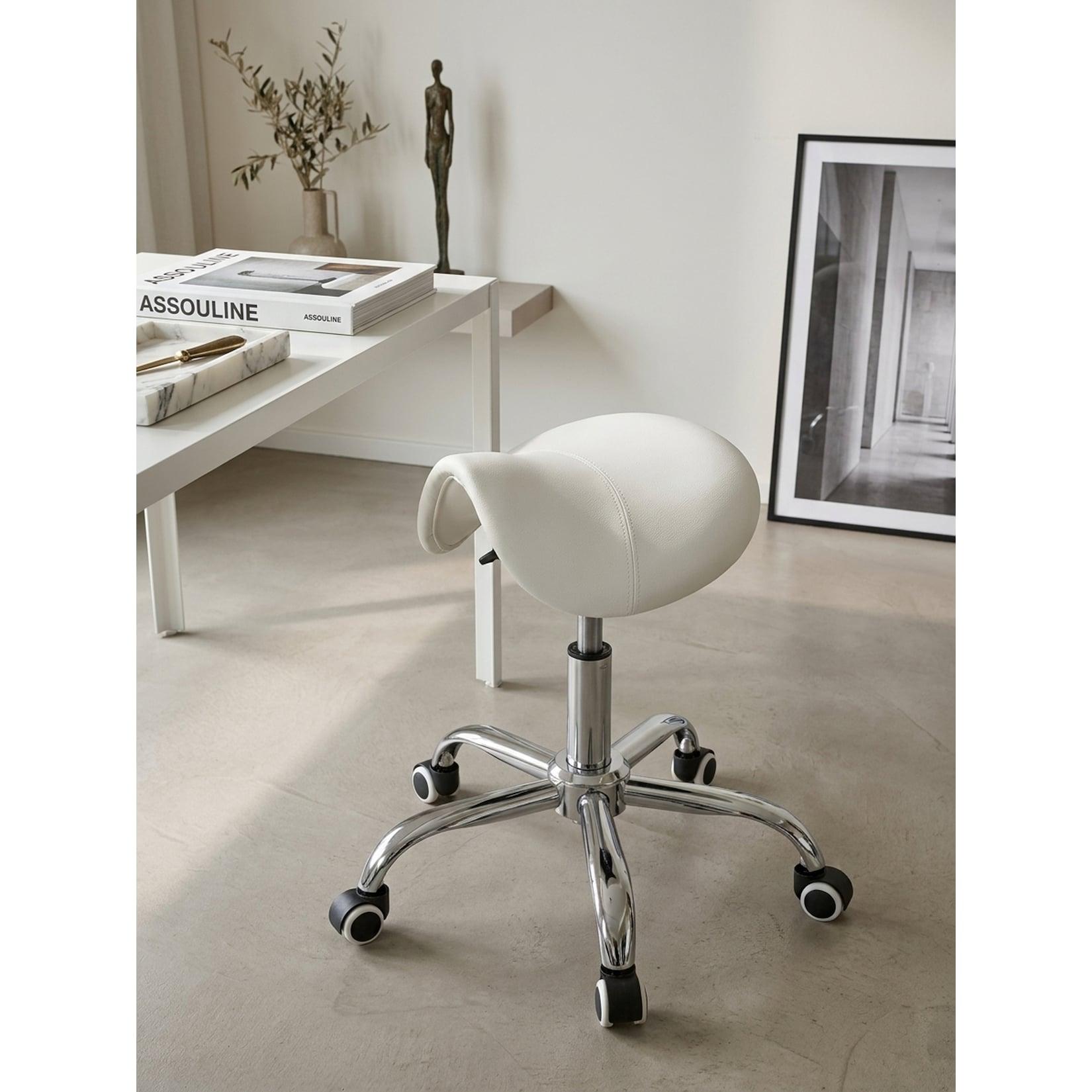 Arbeitshocker Kunstlederbezug mit Sattelsitz, höhenverstellbar und drehbar MENTON, Weiß 60x60x60 cm