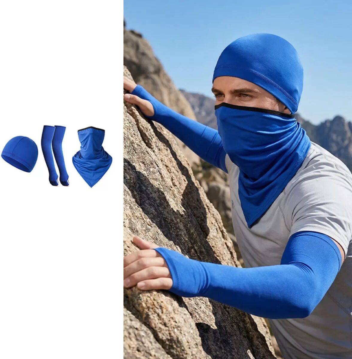 INF Outdoor-Armstulpen-Set mit Dreieckstuch und kleiner Mütze - Polyester, Sonnenschutz und feuchtigkeitsableitend, vielseitig Blau