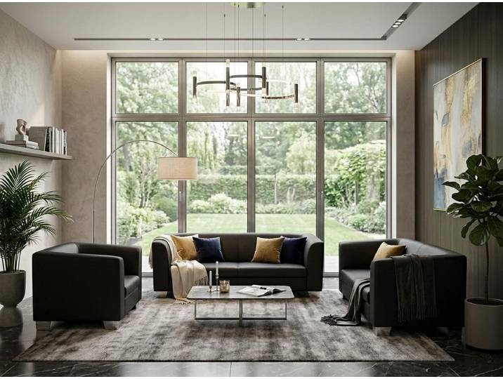 Xlmoebel Polstergarnitur Schwarzes Ledersofa-Set: 3er, 2er und Sessel für modernes Wohnen, (3-tlg), Made in Europa