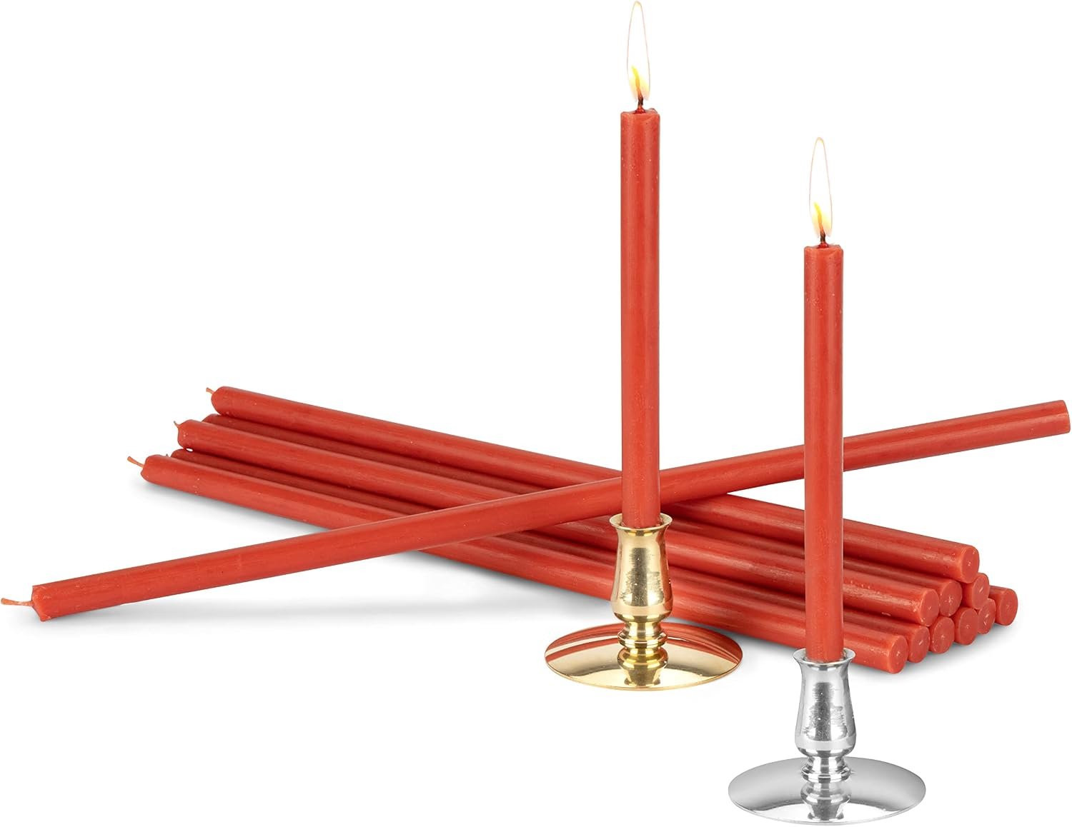 NKlaus Set met 2x Messing Kandelaars en 200g Rode Altar Kaarsen (28cm)