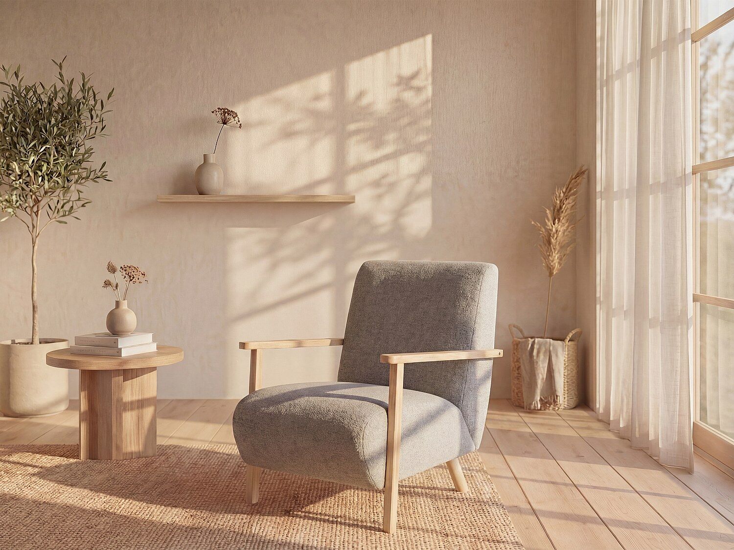 Unique Sillón de tela gris y madera JULOMO