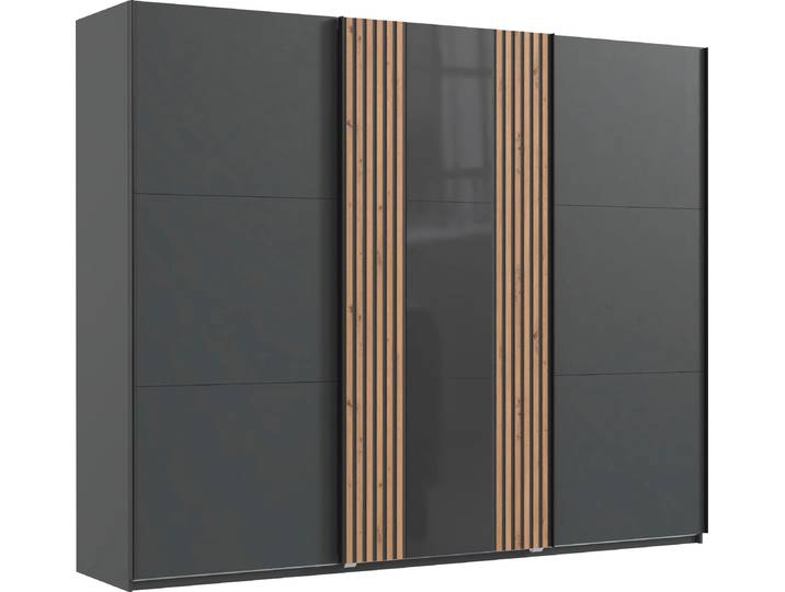 Schwebetürenschrank WIMEX Atlanta by fresh to go , schwarz (graphit, glas grau, akustikpaneel optik artisan eiche nachbildung), B:250cm H:216cm T:65cm, Holzwerkstoff, Schränke, Schwebetürenschrank, mit Akustikpaneel Optik (3D Leisten), Lamelle