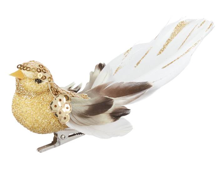 Vogel auf Clip gold mit Feder weiss