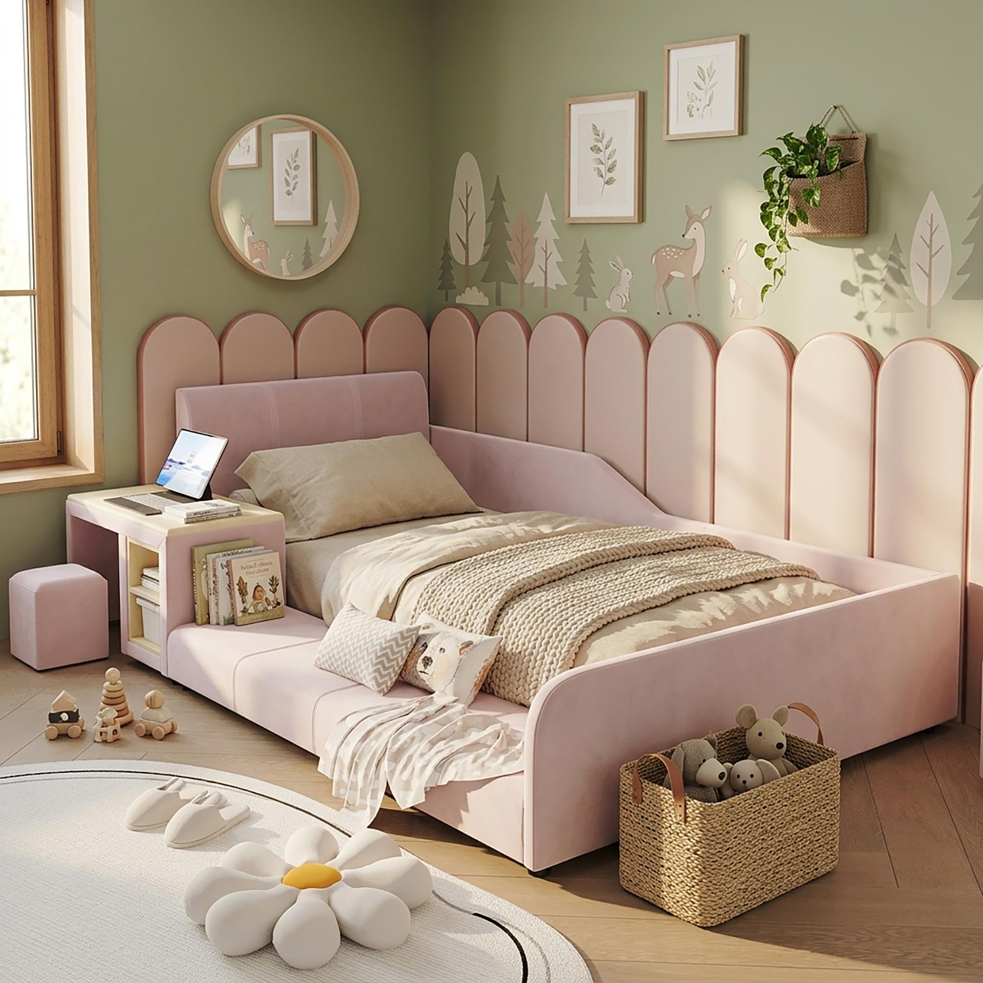 STILVORA Polsterbett 90x200cm mit Matratze Bettgestell mit Kinderschreibtisch und Hocker, Kinderbett mit Ablageboden und weichem Kopfteil, Einzelbett mit Holzlatten, Samt