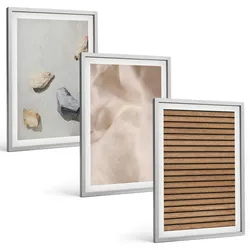 BILDER SET 3er Set - 40x60 cm Silberner Rahmen - Steine, Holz, Stofftexturen