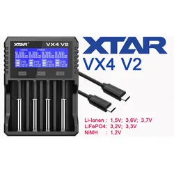 XTAR VX4 V2 Schnell-Ladegerät für 1,5V Li-Ion, 3,6-3,7V Li-Ion, 3,2V LiFePO4, 1,2V NiMH Akkus, 4 Ladeschächte, mit Kapazitätstester
