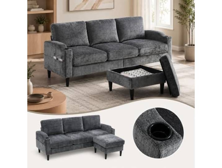 OPODEE 4-Sitzer Sofa mit Hocker & Stauraum, Modulares Ecksofa L-Form aus Chenille, Couch mit Getränkehalter & Seitentaschen, Kompakte Wohnlandschaft für Wohnzimmer & kleine Räume, 196x130x77 cm, Grau