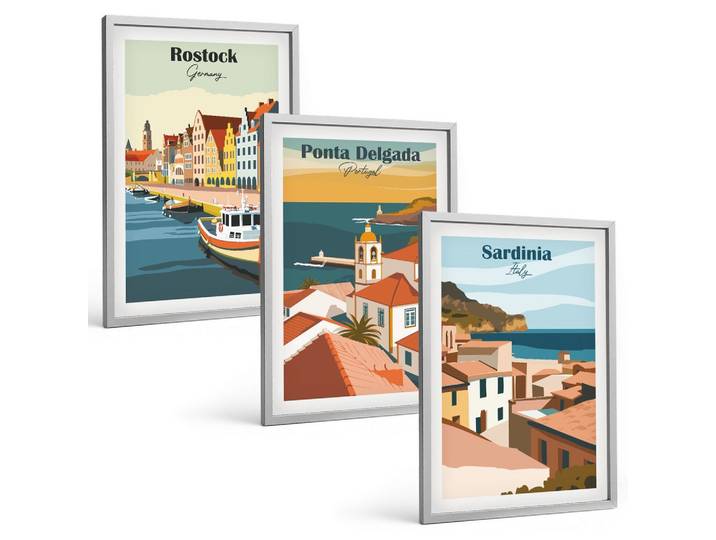 BILDER SET 3er Set - 40x60 cm Silberner Rahmen - Ansichten europäischer Küstenstädte