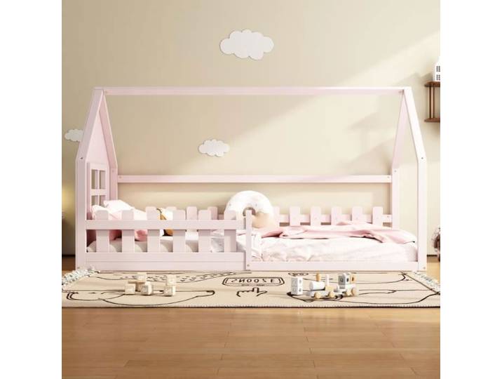 Lit cabane enfant 90x200 cm - DREAMMESPACE - Rose - Bois massif - Fenêtre - Barrière