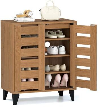 Costway 4-Tier Farmhouse Shoe Organizer with Louvered Door-Natural
