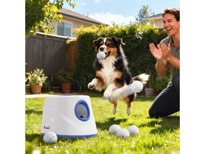 PawHut Lanceur Balles Automatique Chien 6m-14m 6 Balles Bleu