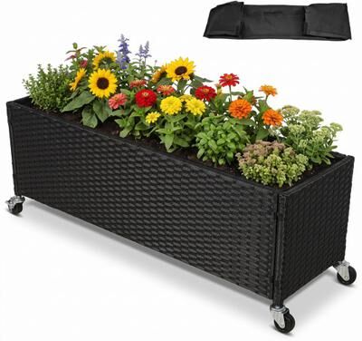 Costway Raised Garden Bed PE Rattan Wicker Patio Planter Box with Liner and Wheels