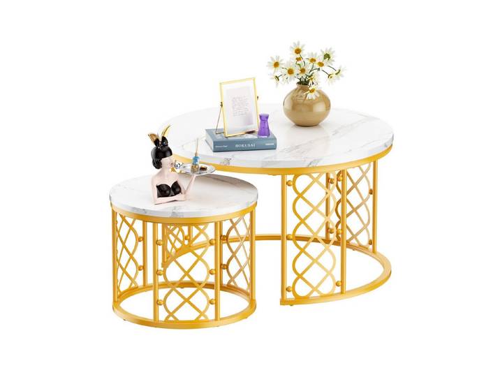 OKWISH Couchtisch 2-tlg. 70x70x45 cm und 45x45x37 cm mit platzsparendem Nist-Design (Runder Couchtisch, stabil und langlebig für stilvolles Wohnen, 2-St., rostfrei, Bodenschoner, inkl. Montagematerial – schnell aufgebaut), Marmor-Optik MDF, kratzfest & pflegeleicht, Metallgestell
