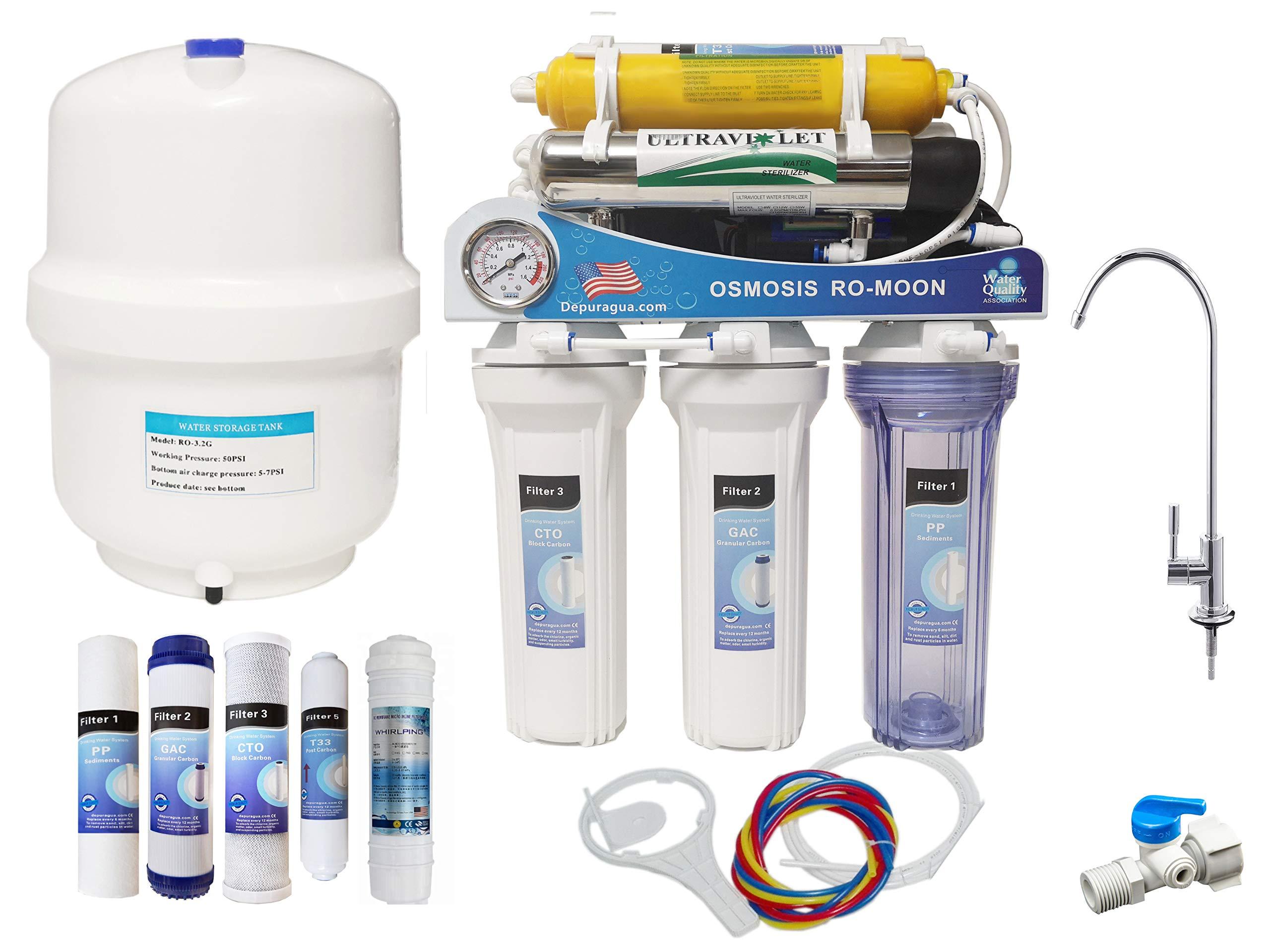Umkehrosmose 7-Stufen-Anlage mit UV-Filter, 75 GPD, Pumpe, Manometer