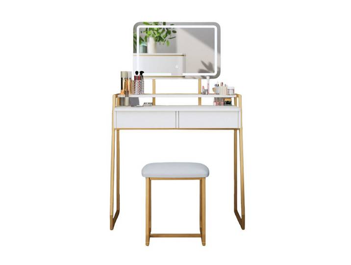 Mondeer Schminktisch-Set mit LED Beleuchtung, Spiegel, einstellbare Helligkeit, Hocker, Weiß-Gold