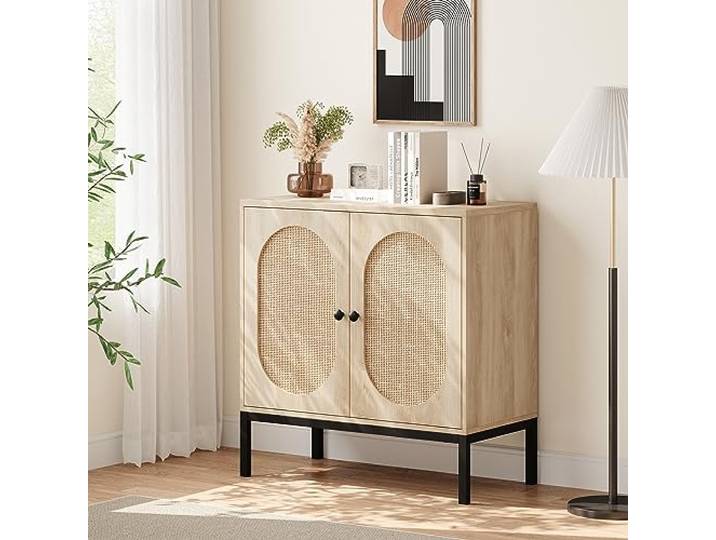 Sideboard, Küchenschrank Mit 2 Türen in Rattan-Optik, Aufbewahrungsschrank, Rattan Badezimmerschrank, Buffet Anrichte Mit Verstellbaren Regalen & Kippsicherung Für Küche, Wohnzimmer, Natürliche Farbe