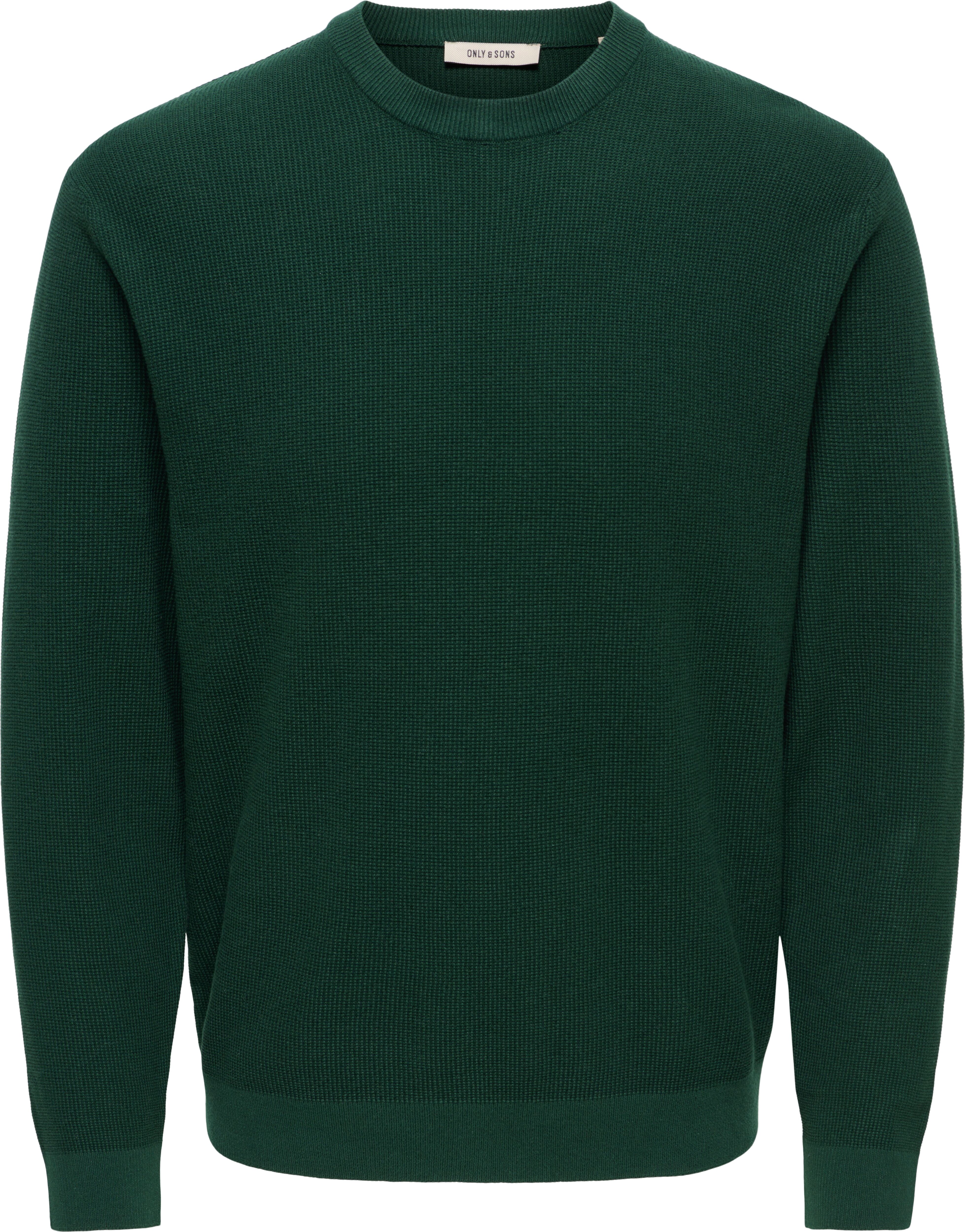 Rundhalspullover ONLY & SONS "ONSTONY DS 12 LS WAFFLE CREW KNIT", Herren, Gr. S, grün (pine grove), Strick, Obermaterial: 100% Baumwolle, unifarben, relaxed fit normal, Rundhals, Bündchen, Pullover Rundhalspullover, Baumwolle, relaxed fit pine grove S