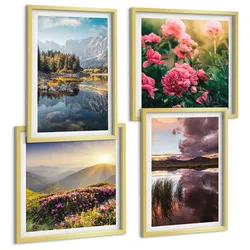 BILDER SET 4er Set - 50x50 cm & 40x60 cm Goldrahmen - Blumengarten, Bergwiese, Wasser