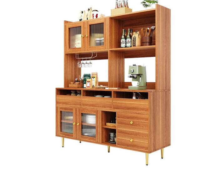 Flora Grace Buffet 145/39/171 cm in Walnussbraun mit Changhong-Glastür und Weinregal, Walnussfarben, 39x171x145 cm, Esszimmer, Anrichten, Buffetschränke