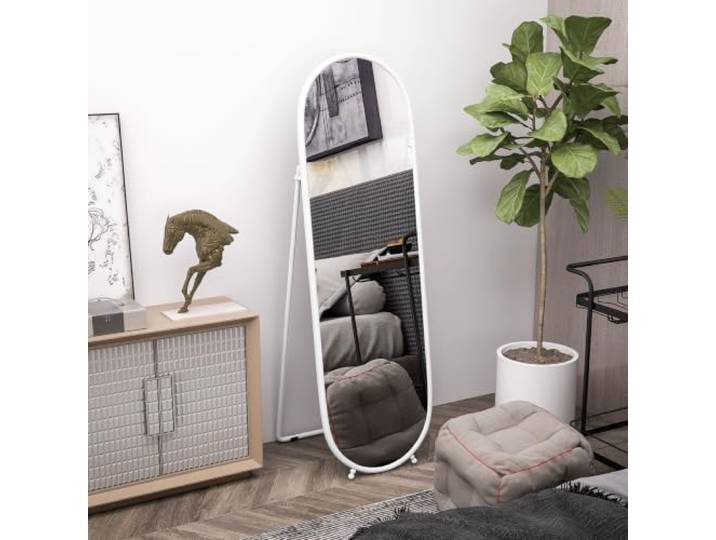 HOMCOM Ganzkörperspiegel mit Ständer Metallrahmen Oval 160 x 40 cm Weiß