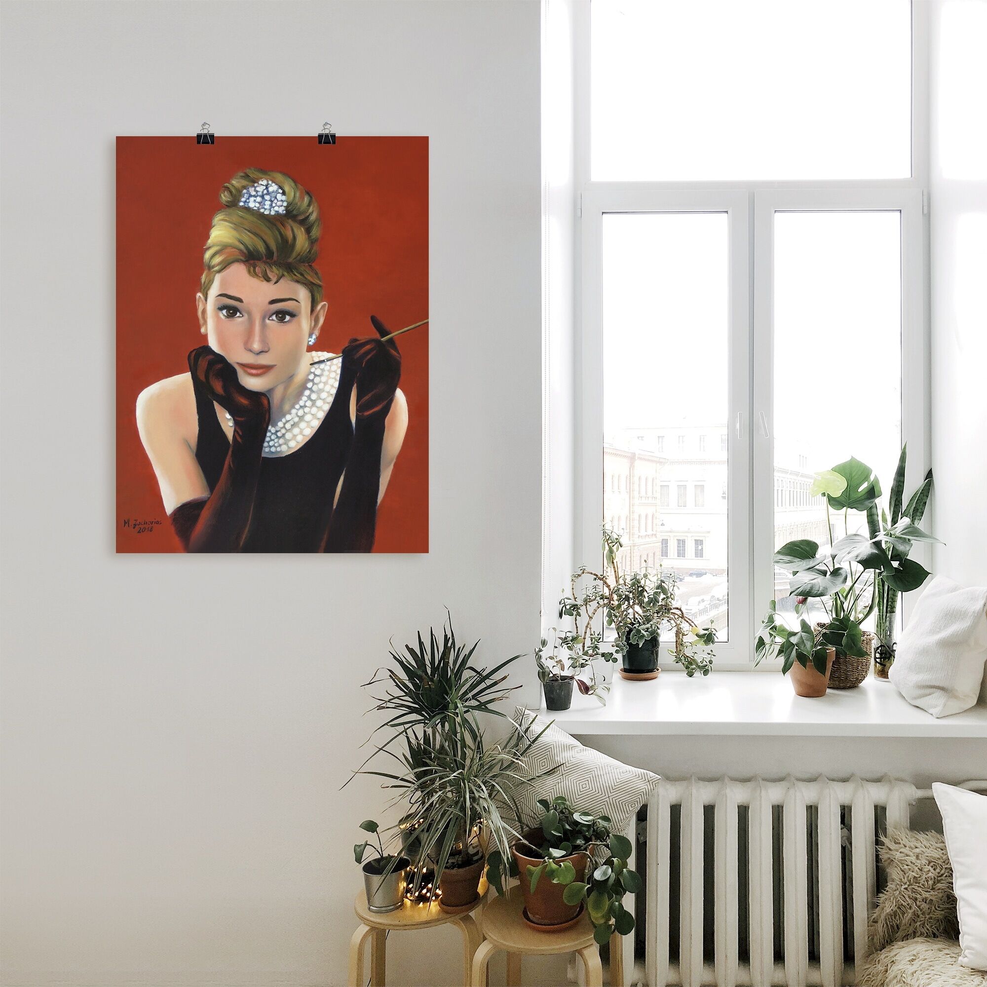Poster ARTLAND "Audrey Hepburn Porträt", rot (farbe bild(er): rot), B:30cm H:40cm, Bilder, Poster, ohne Rahmen farbe bild(er): rot B/H/T: 30cm x 40cm, Poster Stars Hochformat, 1 Stk.