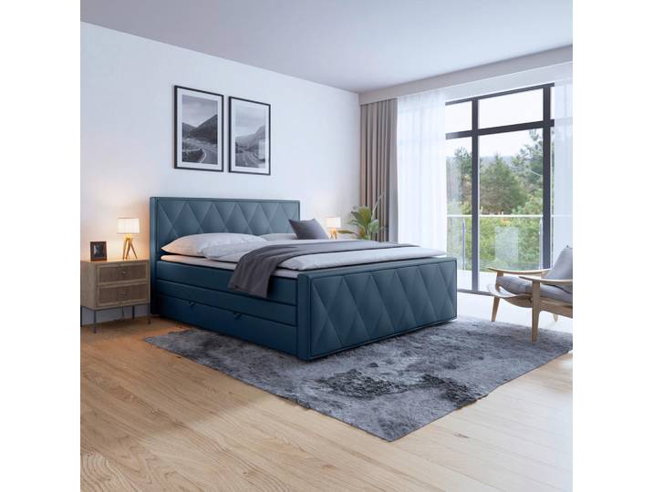Boxspringbett, Blau, 180x200 cm, Textil & Buche & Birke, Bettkasten, MID.YOU