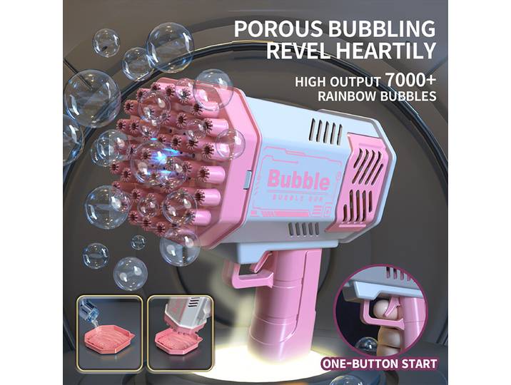 Machine à bulles lumineuse pour enfants, 40 trous, jouet d’extérieur, machine à fabriquer des bulles en mousse - Rose et blanc