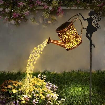Inspired Finds Solar Watering Can Fairy Light Vintage Metal Garden Lantern With Cascading LED Waterfall warm White