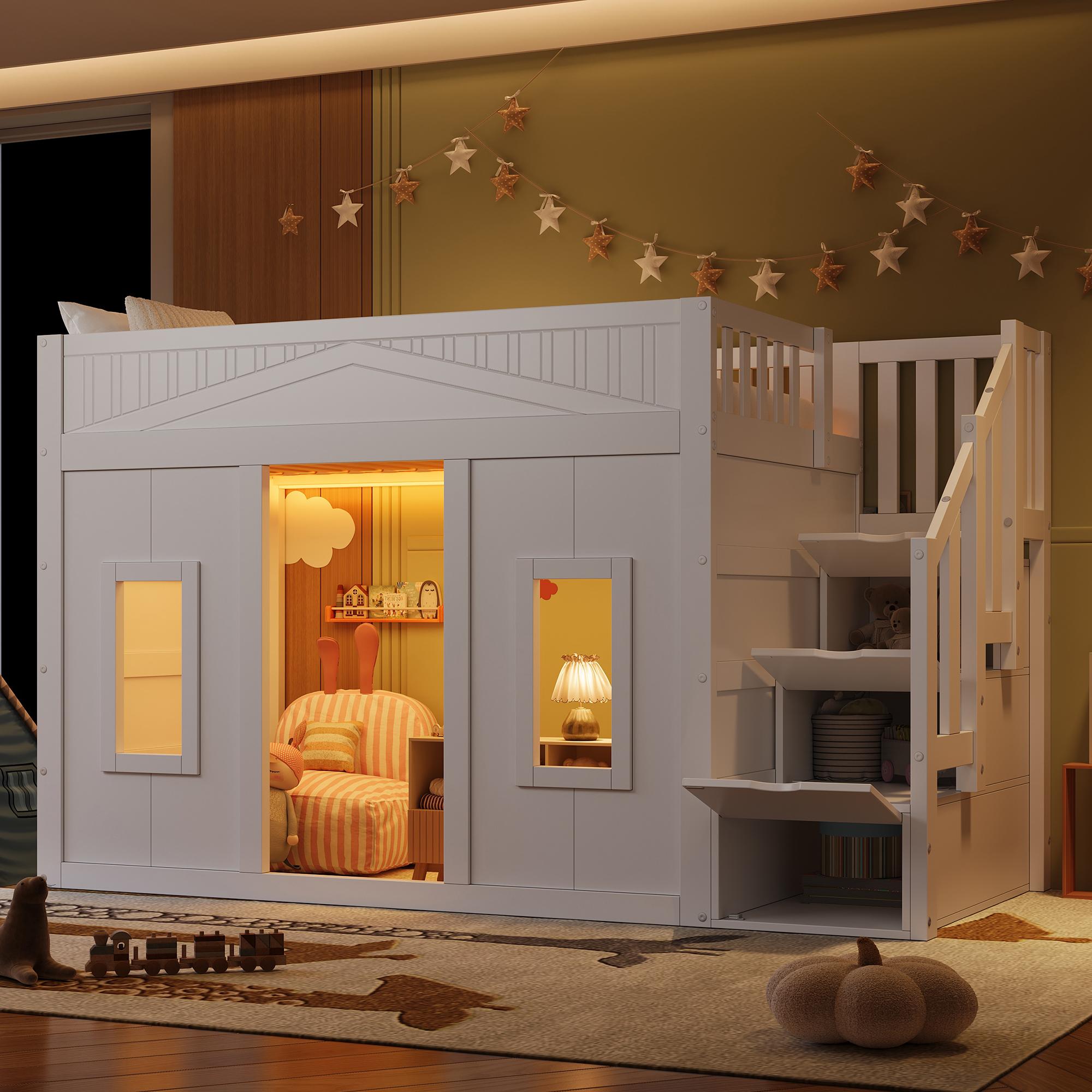 Kinderhochbett 90x200 mit Stauraumtreppe, Fenster, LED-Beleuchtung und Schutzgeländer, Massivholz, Weiß