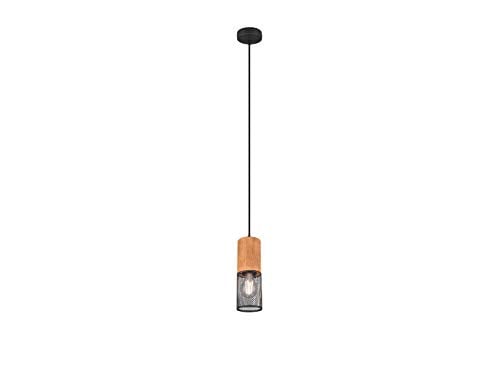 Trio Leuchten Hanglamp Tosh, zwart metaal en hout, ronde industriële designlamp voor de keuken
