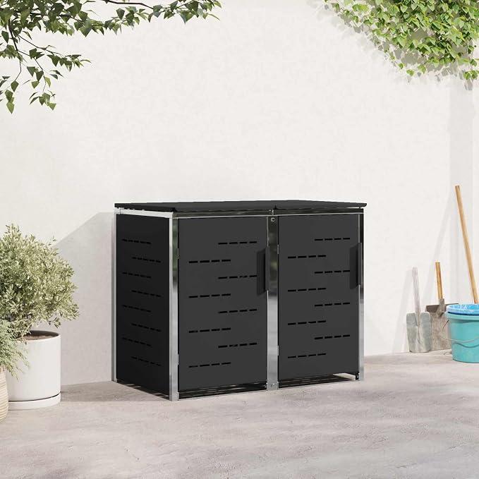 Mülltonnenbox für 2 Tonnen 240L Edelstahl Schwarz, Soft-Close-Deckel, Magnettüren, Garten, Terrasse, Hof, erweiterbar, Belüftung, geruchsarme Aufbewahrung