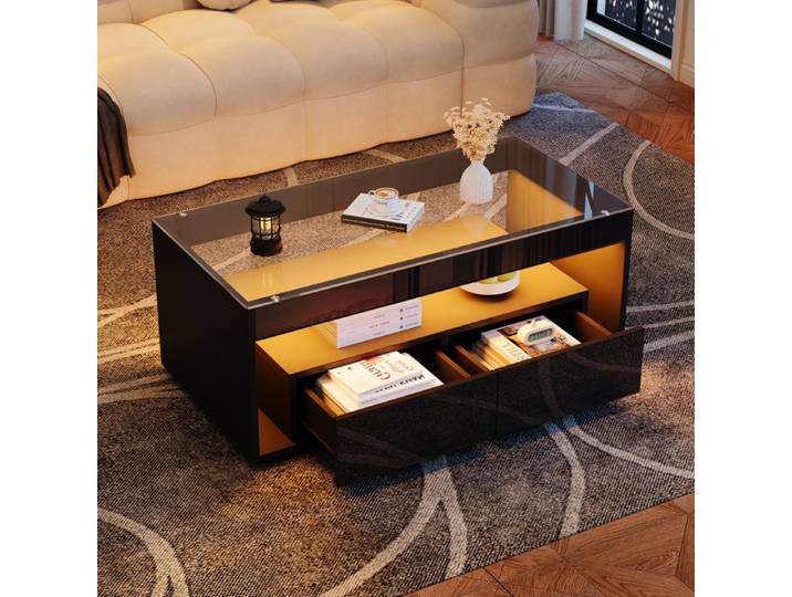Table basse LED - Moderne - 110x50x40 cm - 16 couleurs - 2 tiroirs - Verre trempé - Noir