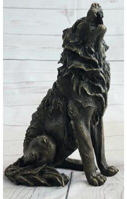 Bronzhaus Wolf Howling At The Moon Bronze Statue Sculpture Figurine Signed Art 11 Inches X 12 Inches