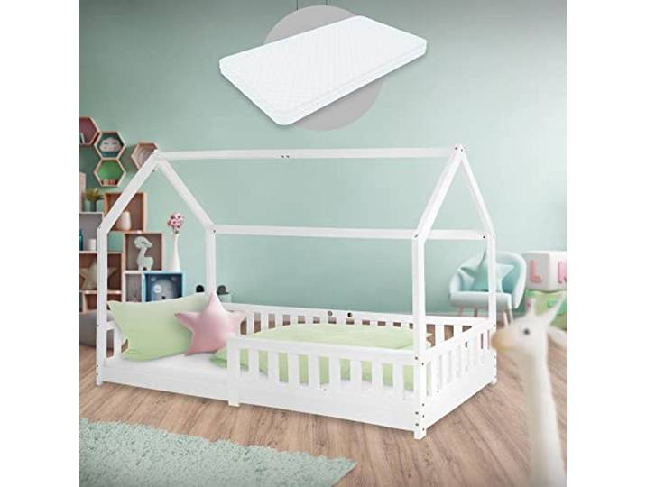ML-Design Kinderbett 90x200 cm Weiß mit Matratze H:16cm, Rausfallschutz, Dach, Lattenrost, aus Kiefernholz, Hausbett für Mädchen & Jungen, Bodenbett Bettenhaus Spielbett Jugendbett Kinderhaus Holzbett