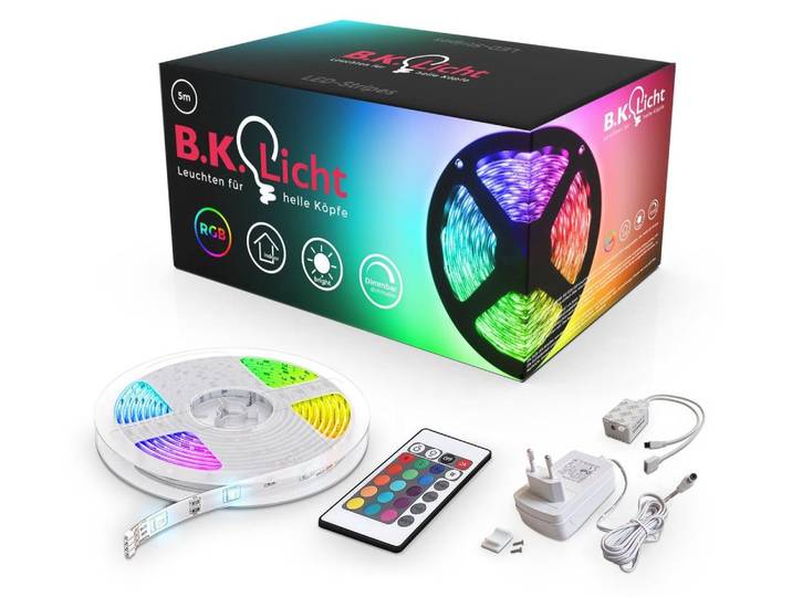LED Strip 5m mit Fernbedienung, buntes RGB Licht, dimmbar, selbstklebend, LED Streifen, Leiste, Gaming Deko, 5 Meter Lichtleiste, Lichtschlauch, Weiß
