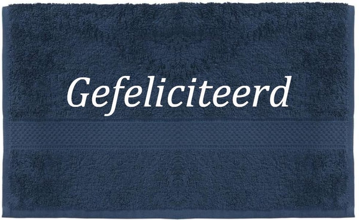 Donkerblauwe handdoek Gefeliciteerd Breedte: 100 cm, Hoogte: 50 cm