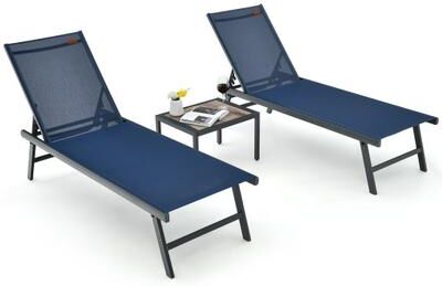 Costway 3 Pieces Patio Chaise Lounge Chair and Table Set for Poolside Yard-Navy