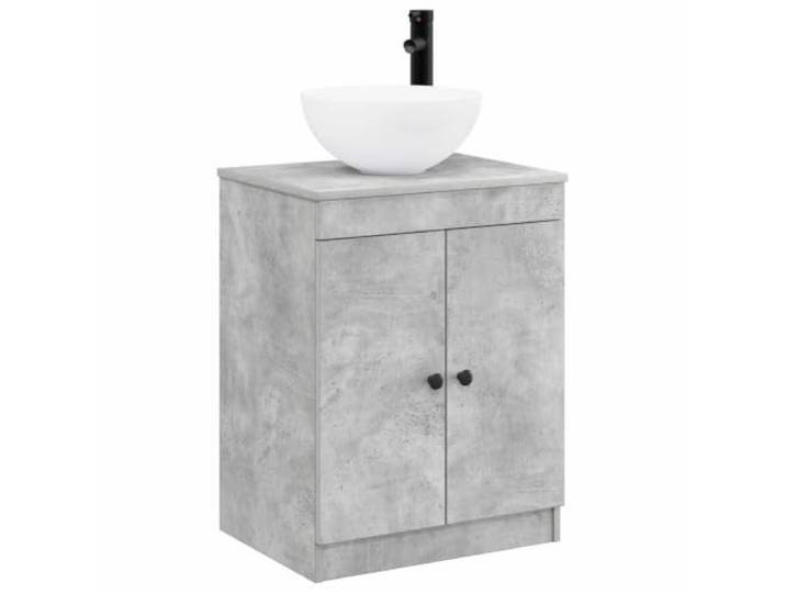 KTHLBRH Badezimmermöbel-Set Betongrau mit Waschbecken und Wasserhahn, Holz 2 Türen, 1 Einlegeboden, schwarze Metallgriffe, einfache Reinigung, Montage mit Schraubenzieher, modernes Badezimmer
