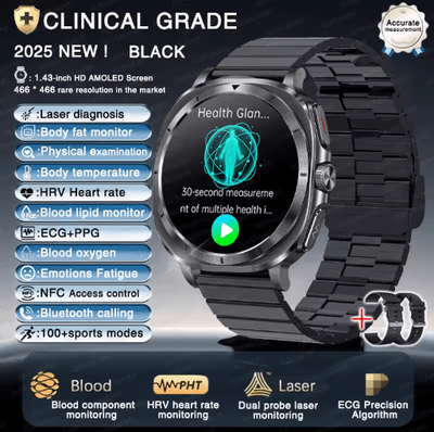 Inspire Picks VitaPulse AI Laser Health Smartwatch ECG PPG Blood Pressure & Body Analysis Watch black Steel B 2a